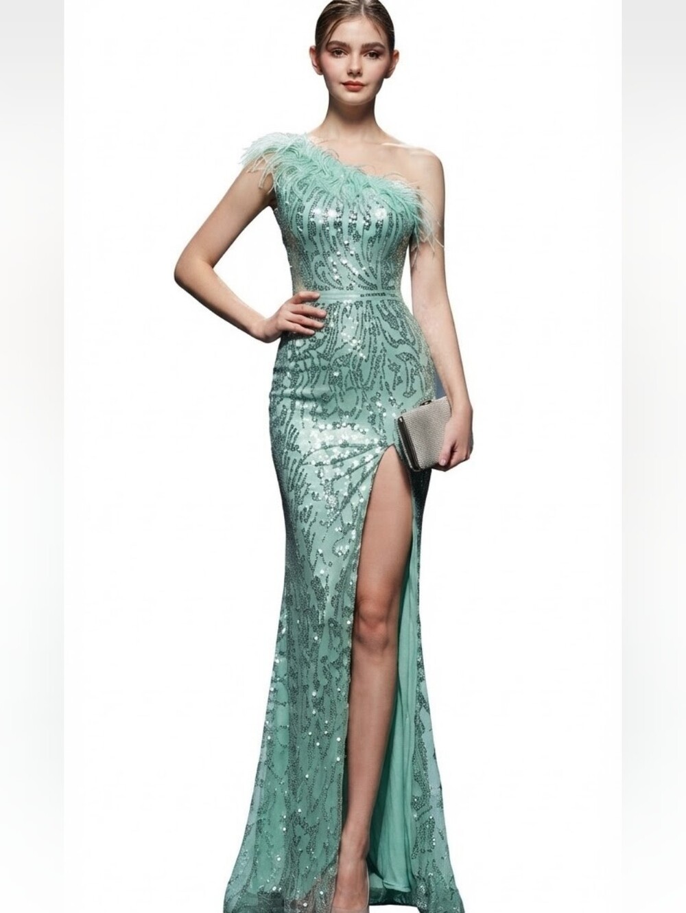 Green, Assymmetrical Feather Beaded, Graphic, Sequined Gown- CUSTOM